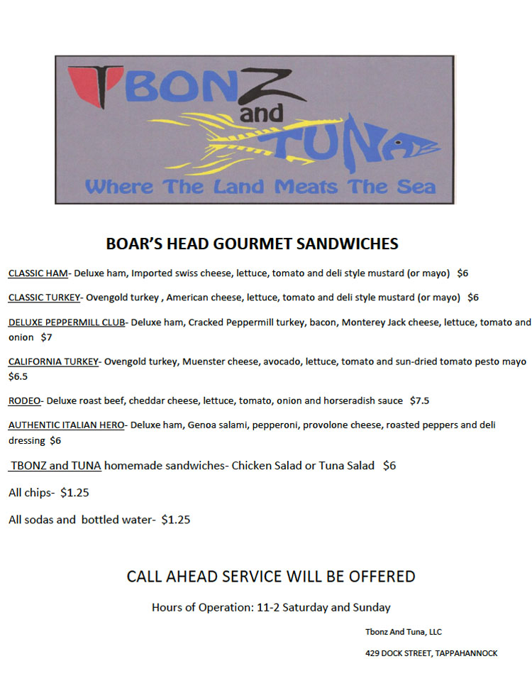 TBonz and Tuna Menu